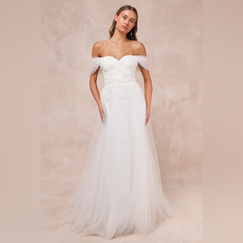 Blissfully Romantic White Tulle Off-the-Shoulder Maxi Dress Wedding Dress
